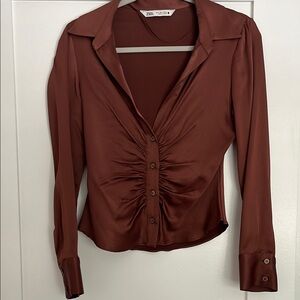 Zara Brown Ruched Notched Collar Blouse